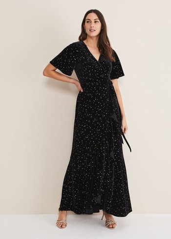 Phase Eight Holly Velvet Star Wrap Dress Black USA | 8652431-MB